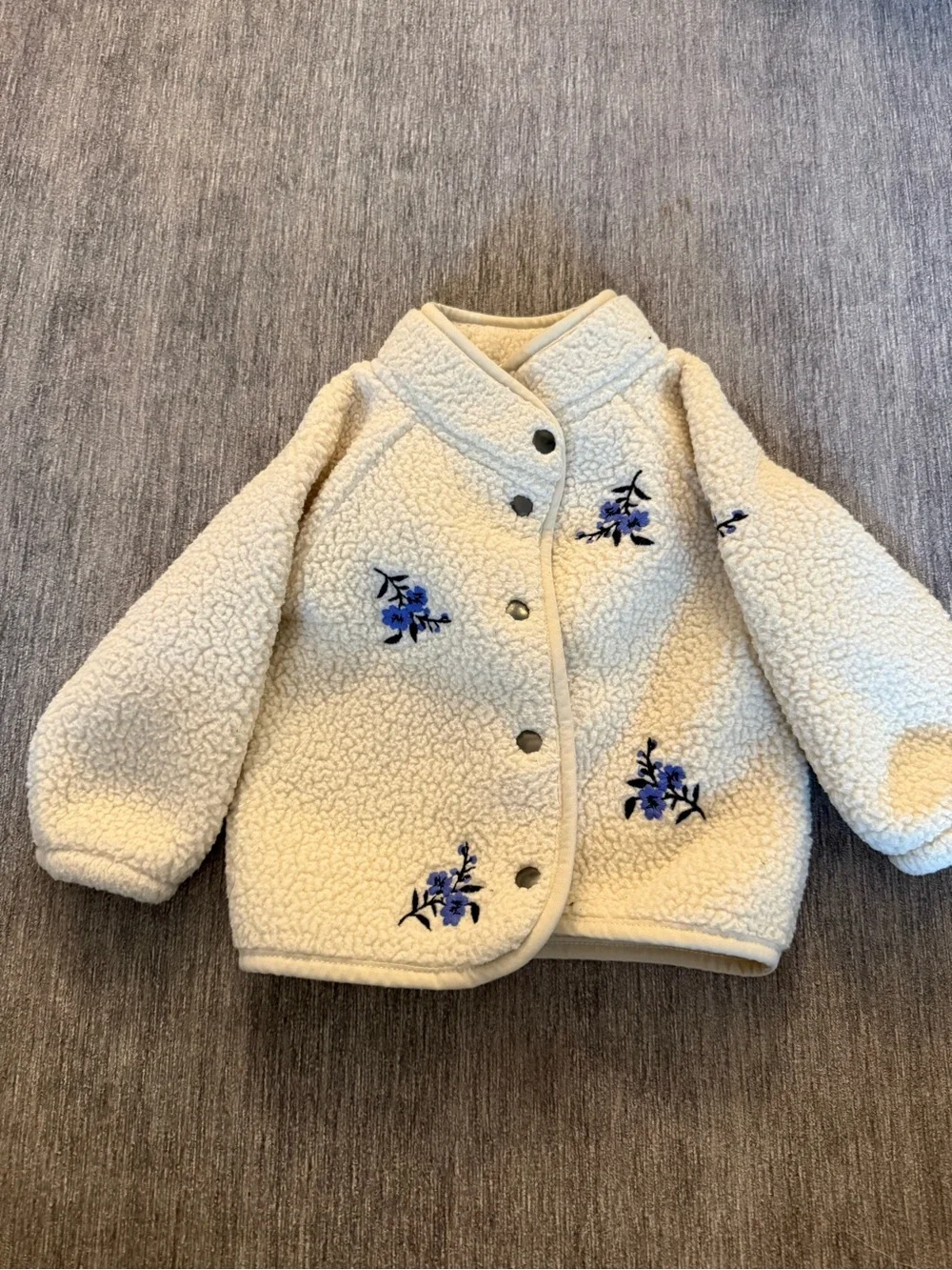 Cream Sherpa Kids Jacket with Blue Floral Embroidery